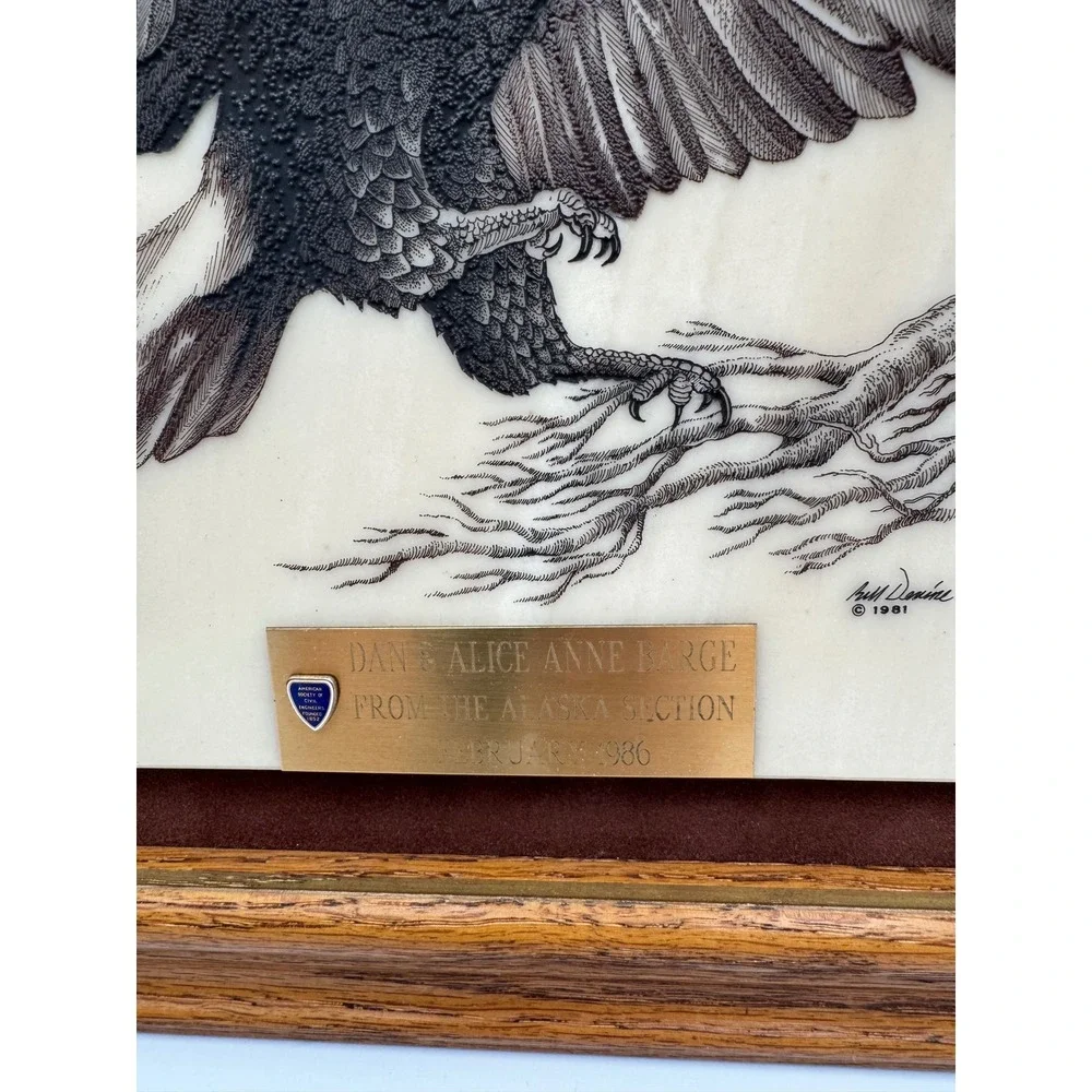Vintage Bill Devine‎ Alaska Mint Kiana Bald Eagle Scrimshaw Etching Framed 1981